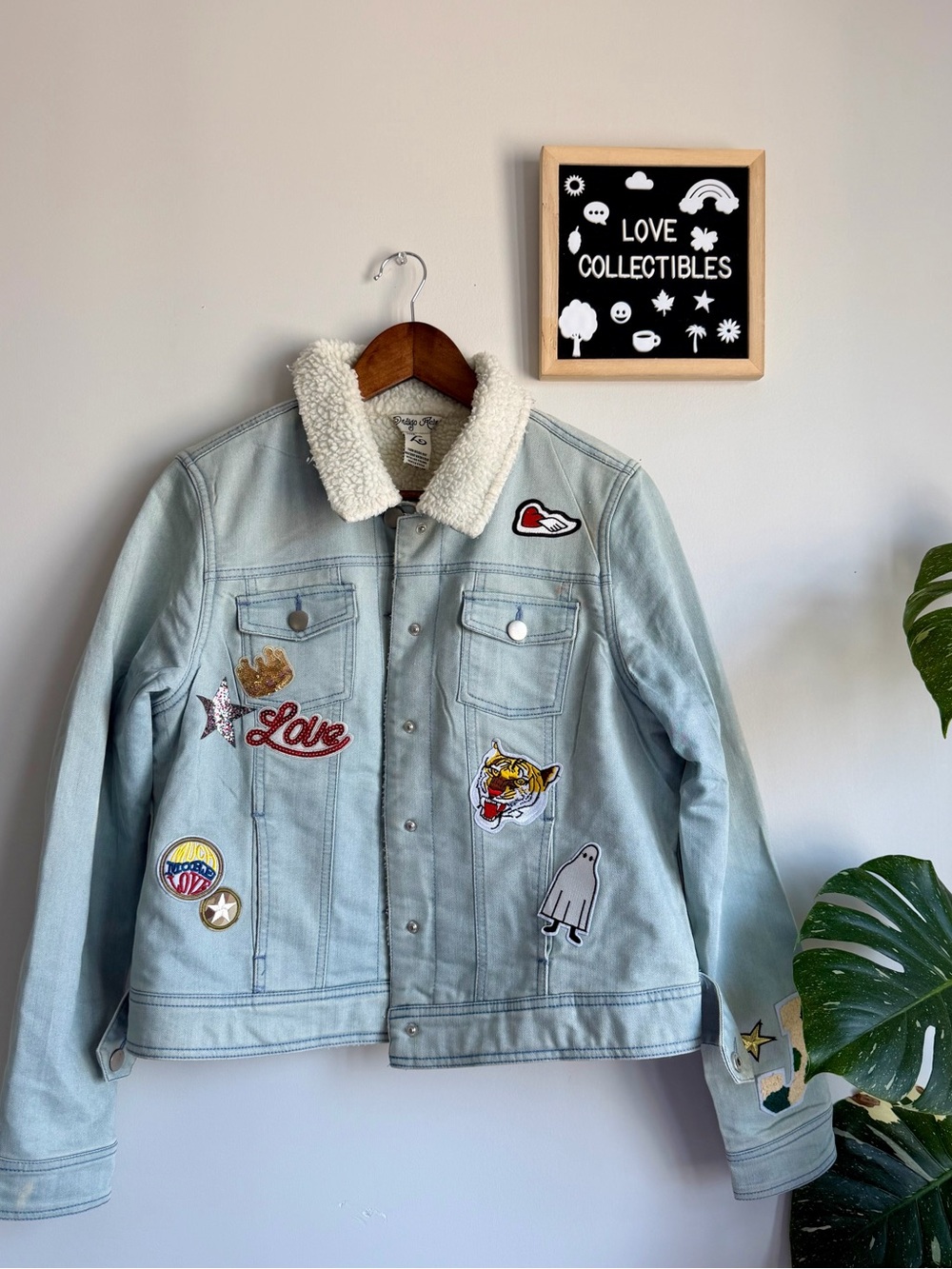 Indigo Rein Light Blue Denim Jacket with Cream Sherpa Collar and Fun Patches